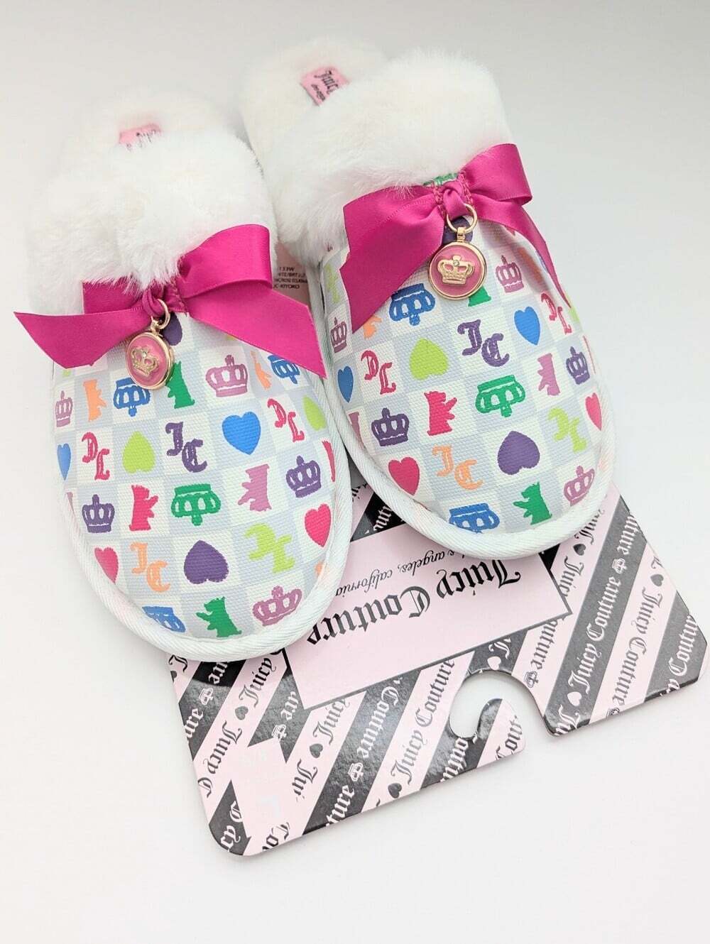 NWT Juicy Women's (Large) Colorful Slide-In Fuzzy Mule Slippers w/Bow & Charm